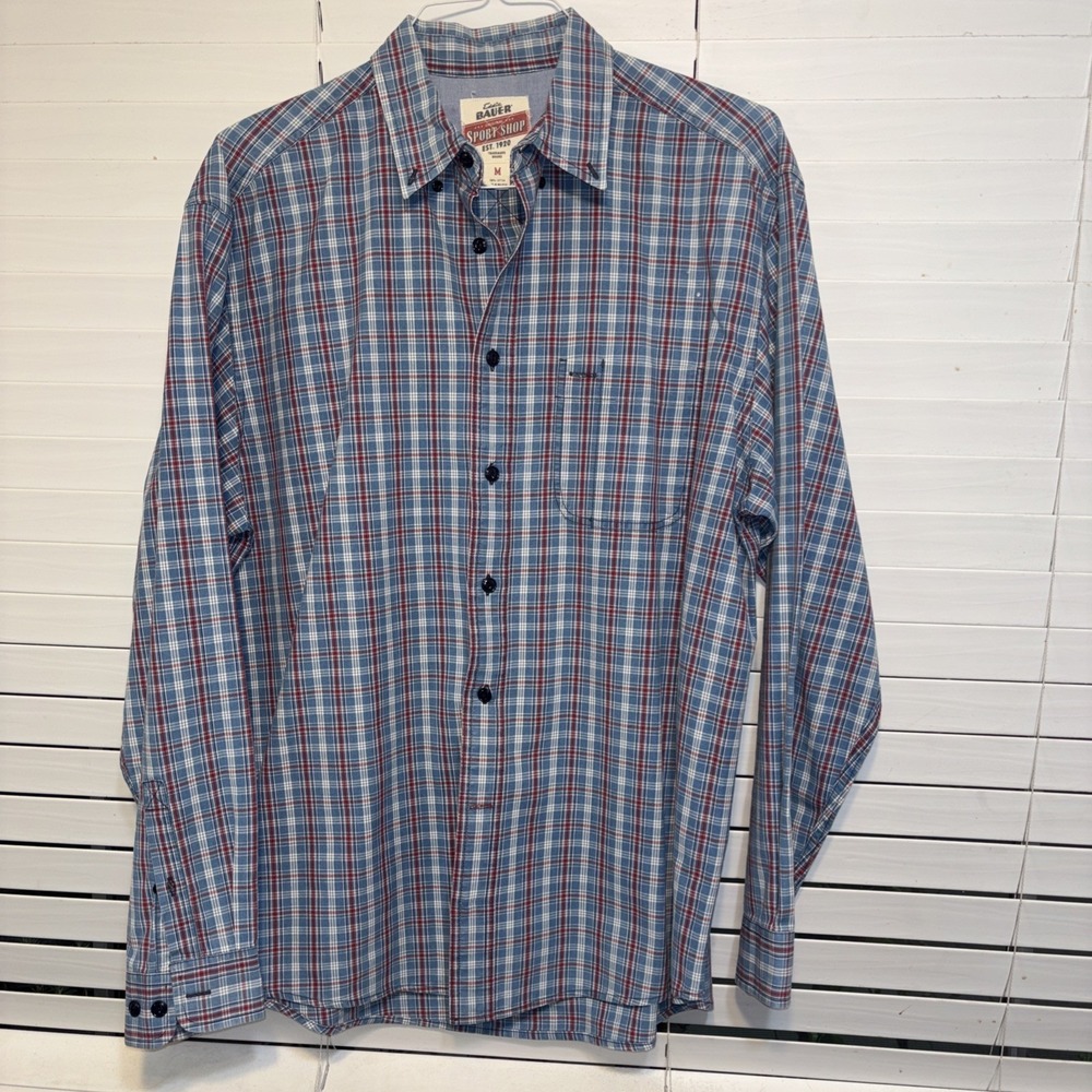 Eddie Bauer Mens Vintage Flannel Shirt MediumRed Blue Plaid Utility Long Sleeve